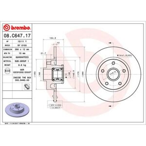 Disque de frein BREMBO 08C64717 a l'arriere, plein, 1 piece