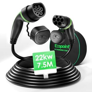 ECOPOINT Câble de Recharge Voiture Électrique PHEV Type 2 22kW 7,5M Triphasé, Câble T2 32A, Type 2 à Type 2, Câble Mode 3 avec Sac de Rangement, Compatible avec Model 3 S X Y, ID.3, Zoe, Kona, e-Tron - Publicité