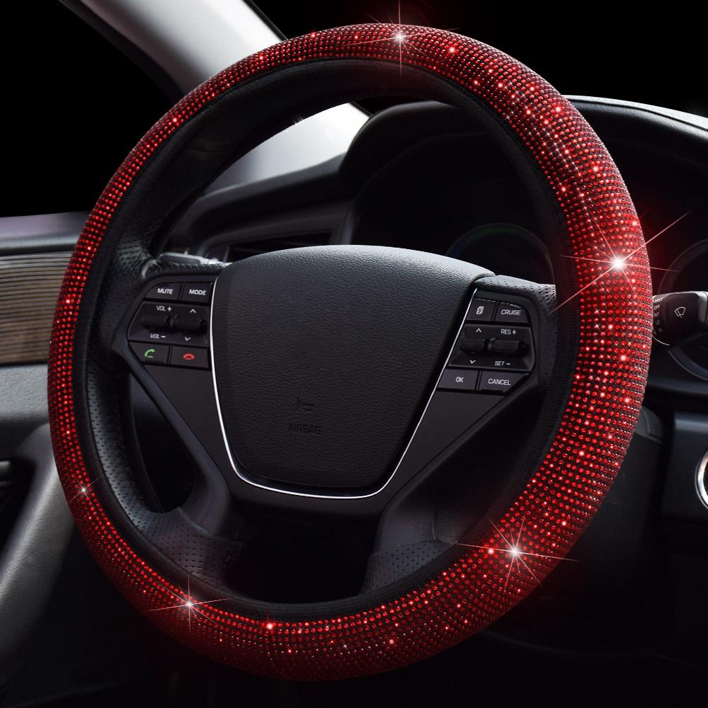 AutoPro 37-39cm Bling Red Diamond Car Steering Wheel Cover for Girls Women Universal Pink Automotive Interior Decoration Styling Accessories