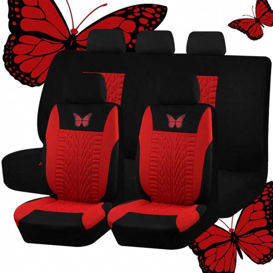 SHEIN 9pcs set Car Seat Cover Butterfly Red Polyester Airbag Compatible Universal Fit Truck Car SUV Van Auto Accessories Inside Decoration Red one-size