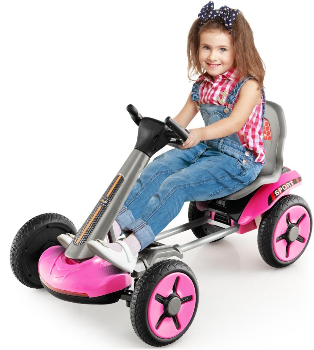 Sugift Pedal Powered 4-Wheel Toy Car with Adjustable Steering Wheel and Seat-Pink - Pink