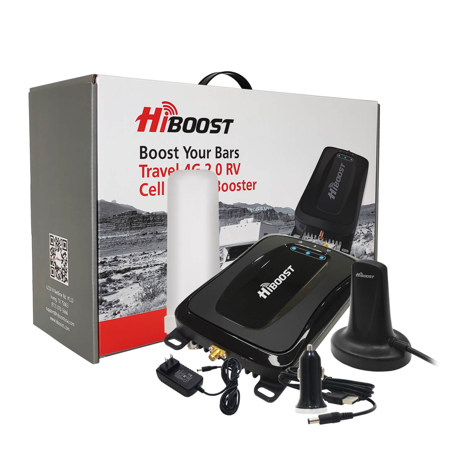 HiBoost Cell Phone Signal Booster for RV Trucks Vans, Travel 4G 2.0 RV for RV Truck Van Signal Booster, AT&T T-Mobile Sprint Verizon RV Cell Phone Amplifier
