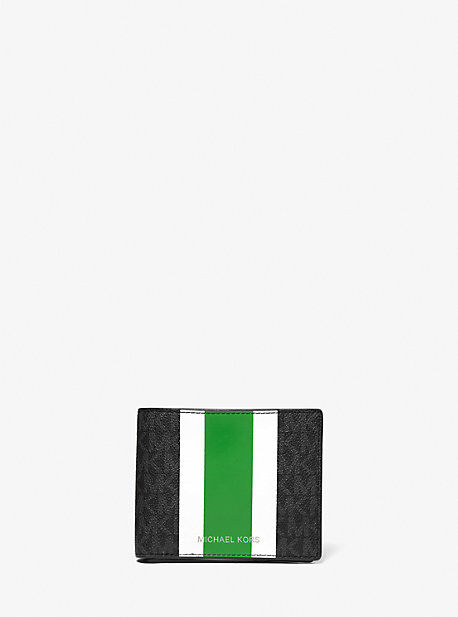 Michael Kors Mens MK Logo Stripe Billfold Wallet With Passcase - Palm Green