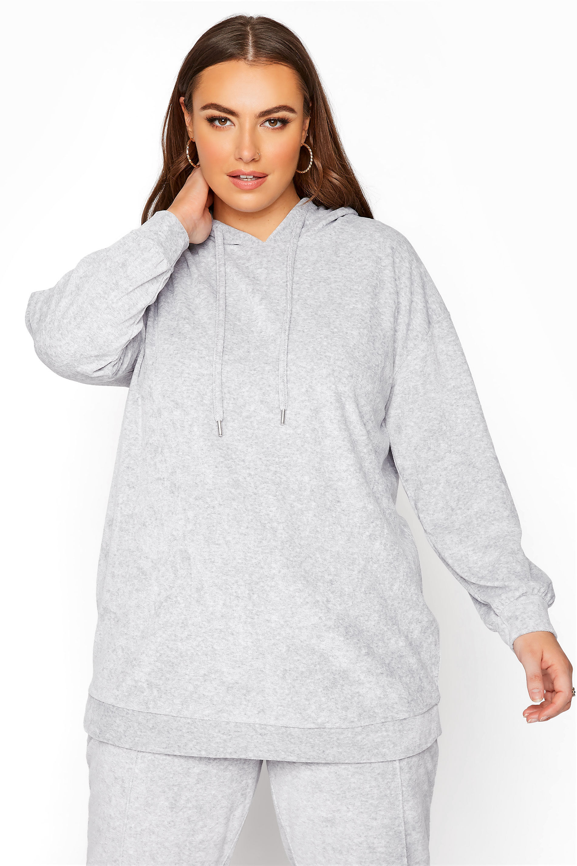 Yours Clothing Plus size grey marl velour sweat hoodie 22-24