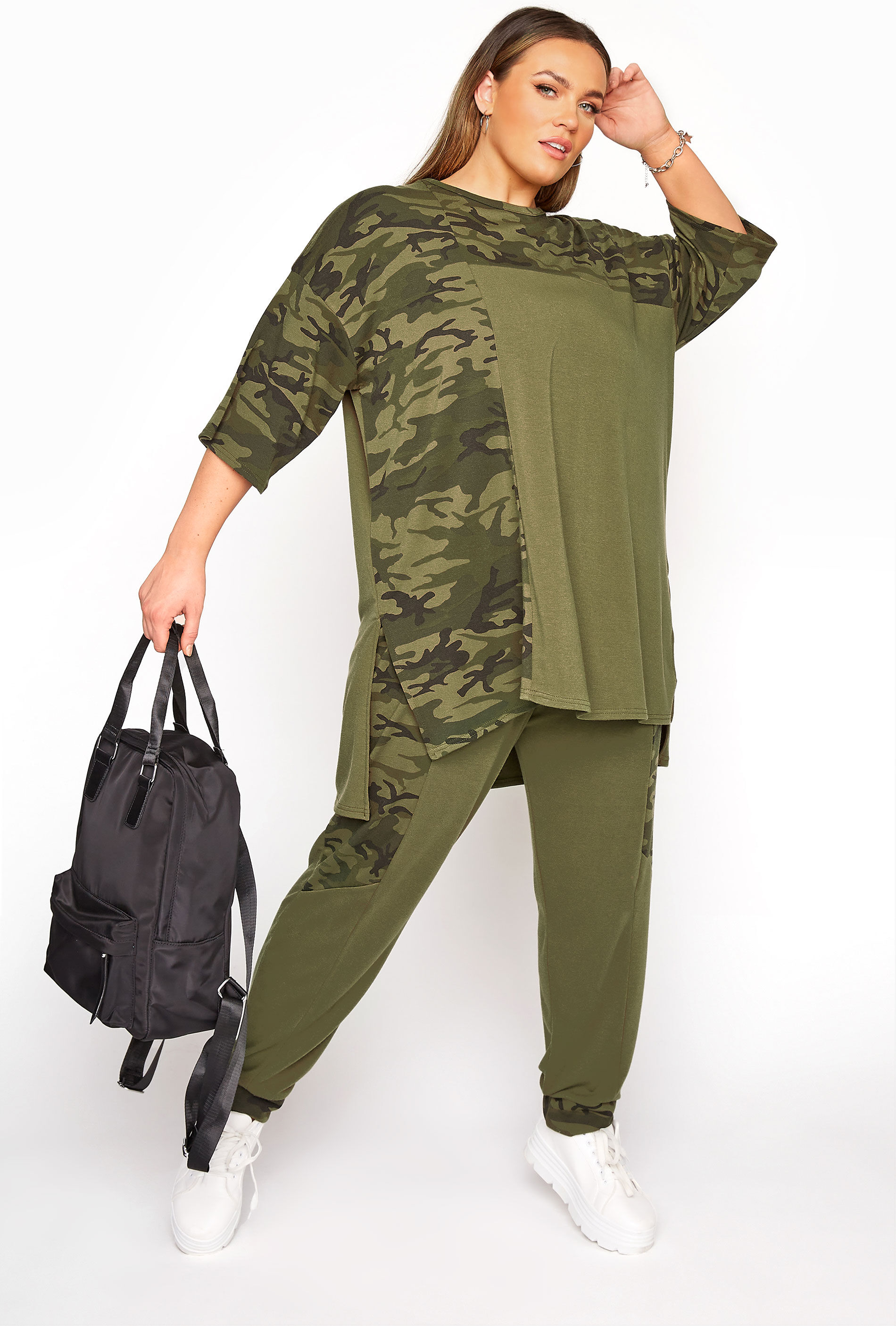 Yours Clothing Plus size limited collection khaki camo colour block lounge joggers 24