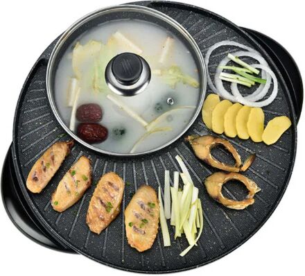 Soga 2 In 1 Electric Stone Coated Teppanyaki Grill Plate Steamboat Hotpot