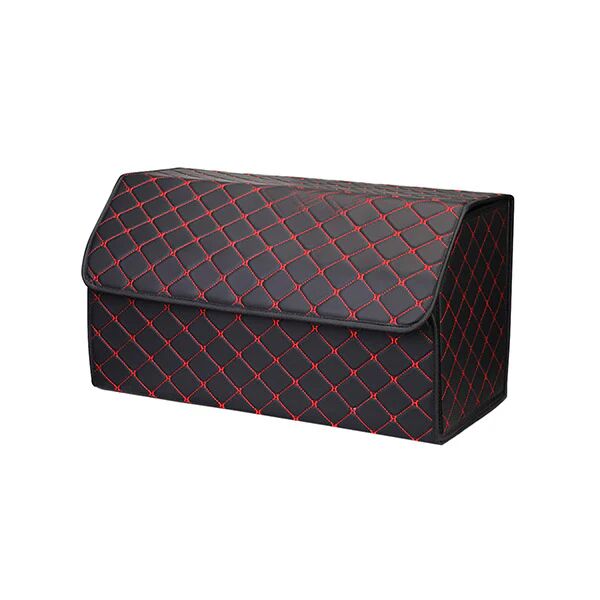 Soga Leather Car Boot Foldable Organizer Box Black With Red Stitch Large