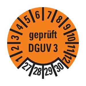 Dreifke® Prüfplakette gepr. DGUV Vorschrift 3,27-30,orange,Folie,ablösbar,Ø 10mm,384/Heft