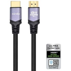 NÖRDIC CERTIFIED CABLES 1,5m Ultra High Speed ​​​​HDMI 2.1 8K 60Hz 4K 120Hz 48Gbps Dynamic HDR eARC Game Mode VRR Dolby ATMOS Nylonflettet guldbelagt