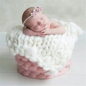 My Store 50x50cm New Born Baby Knitted Wool Blanket Newborn Photography Props Chunky Knit Blanket Basket Filler(White)
