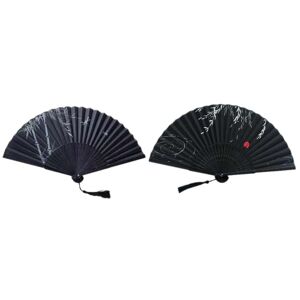 jq8 Double Silk Fan with Tassel - Black/White Branches + Bamboo