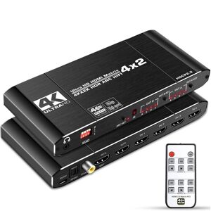 NÖRDIC HDMI Matrix Switch 4 på 2 med lyd emhætte og ARC, i 4Kx2K 60Hz, YUV 4: 4: 4 18Gbps HDCP 2.2, 5.1 surround, Metal