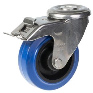 Parnells 100mm stainless steel swivel/brake castor with blue elastic rubber on nylon cent
