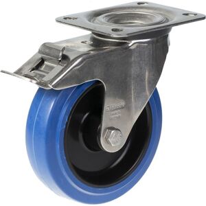 Parnells 125mm stainless steel swivel/brake castor with blue elastic rubber on nylon cent