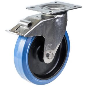 Parnells 200mm stainless steel swivel/brake castor with blue elastic rubber on nylon cent