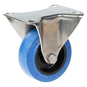 Parnells 80mm stainless steel fixed castor with blue elastic rubber on nylon centre wheel