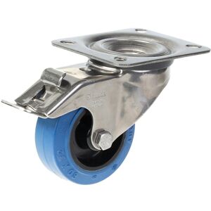Parnells 80mm stainless steel swivel/brake castor with blue elastic rubber on nylon centr