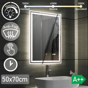 Aquamarin - LED-badeværelsesspejl med digitalt ur - Dæmpbar - Anti-tågefunktion - Berøringsfølsom - 3 LED-farver - Energiklasse A++ - 50 x 70 cm.