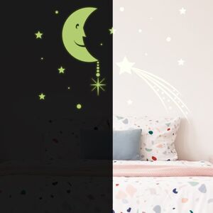 DecordsStore Glødende Månen med Stjerner Sky Sticker - Decals med glødende stjerner i mørket - Halvmåne Selvlysende Mural Baby Room + Gratis Decal Gave