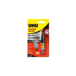 UHU Superlim Control, 3 g Ultrahurtig og ekstremt stærk, flydende superlim med i en tube med Direct-Stop-Technology. Sikrer nem og kontrolleret påføring af den ønskede mængde lim, helt uden at dryppe. Flyder ud i selv de mindste hjørner og samlinger. Tåle