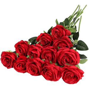 12 Pakke Kunstige Røde Roser Blomster Silke Realistiske Blomsterroser Brude Bryllupsbuket Lang Stilk Til Hjemmet Bryllupsdekoration Festet red