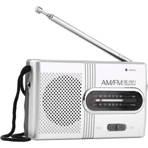 Bærbar radio, FM-radioafspiller drevet af 2 AA-batterier (medfølger ikke), miniradio med indbygget højttaler, sølv