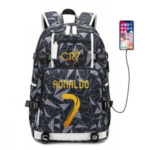 unbranded Fodboldstjernen Cristiano Ronaldo CR7 skoletaske stor kapacitet vandtæt skoletaske med USB-port (grå)