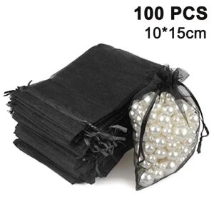 100 stk gennemsigtige smykkeposer med snoretræk, sort, 10x15 cm