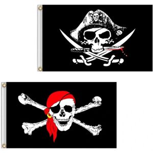 60 x 90 cm Sæt med 2 Piratflag Kranie (rødt tørklæde) og krydset Kn