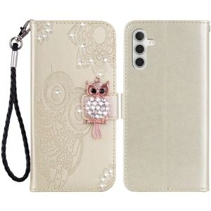 For Samsung Galaxy A34 5g Rhinestone Pu Läderställ Plånbok Telefonetui Imprinted Owl Flower Cover Gold