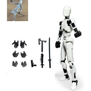 HKWWW T13 Action Figur, Titan 13 Action Figur med 4 typer våben og 3 typer hænder, 3D-printet multi-leddet bevægelig T13 Action Figur[HK] White black