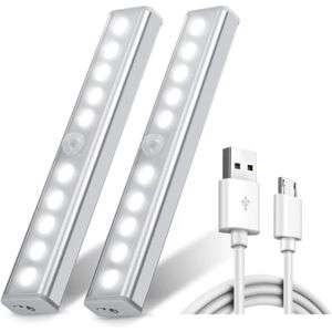Sæt med 2 10 LED-lys, trådløs, USB-genopladelig, magnetisk, bevægelsessensor, 2 lystilstande, skabslys, - Cool White