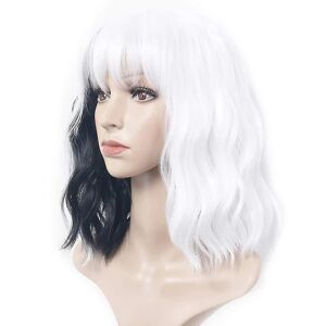 BATTERY Kort sort og vit peruk med lugg Damperuk Curly Wave Synthetic Cosplay Girl Colorful Peruk (bla