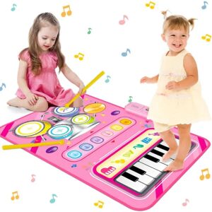 2 i 1 musikmatta - pianoklaviatur og trummatta med pinnar - idealisk present till 1-2-åriga flickor - leksaker for baby og födelsedagspresenter Blue
