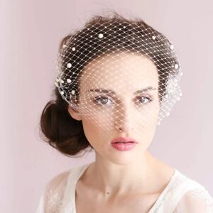 Kvinder Classy Chic Hvid Fuglebur Face Veil Pearl Fascinator Brid