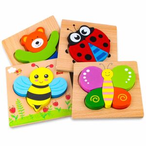 FLOWER LOST Træpuslespil Trælegetøj til børn 1 2 3+ 4 stykker træpuslespil Træ babylegetøj Dyretræpuslespil Pædagogisk legetøj til småbørn