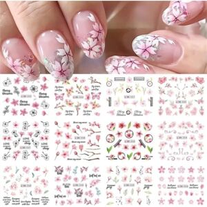 PIKACHU IC 12 st Rosa blomma Nail Art Stickers Dekaler Söta Cherry Blossom Nageltillbehör Akvarell Blommor Vatten Transfer Dekaler Tillbehör