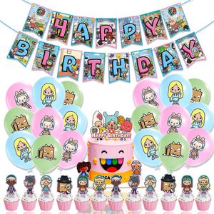 FMYSJ Toca Life-temaet Tillykke med fødselsdagen Festdekoration Bannerballonkage/cupcake Toppers Kit (FMY)
