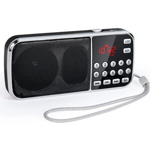 FMYSJ Lille radio med Bluetooth, bærbar radio med kraftige bashøjttalere, digital radio med genopladeligt batteri, led lommelygte