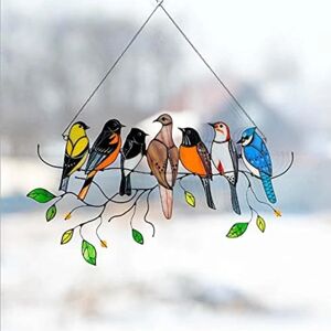 Fugle på en tråd Glasmosaik Vindueshængende panel - Fugledekorationer Fugle til vinduesindretning og gave - Havesolfangere (syv små fugle)