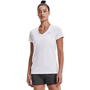 Under Armour Under Armor Ladies Tech Short Sleeve V Solid, Short-sleeved Training Shirt, White (White / Metallic Silver), L