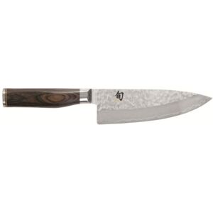 KAI Shun Premier Tim Mälzer Japanese Chef's Knife 15 cm Blade Length VG-MAX Core 61 HRC, 32 Layers Damask Highly Polished Pakka Wood Medium Brown Grained Hammered Surface Made in Japan