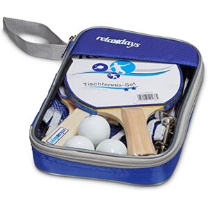 Relaxdays Tischtennis-Set Tasche, 2 Holzkellen, 3 Tischtennisbälle, Ping Pong Netz HxBxT: ca. 14 x 150 x 1,7 cm, blau, 1 Stück