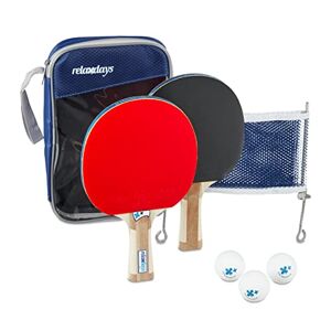 Relaxdays Tischtennis Set mit Netz, HxBxT: 27 x 17 x 5 cm, 2 konische Schläger, 3 Tischtennisbälle, Tragetasche, blau