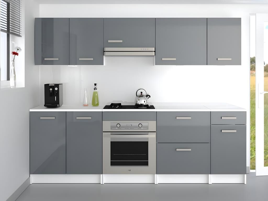 Unique Cocina completa - Con encimera 240 cm - Gris alto brillo y Blanco - TRATTORIA