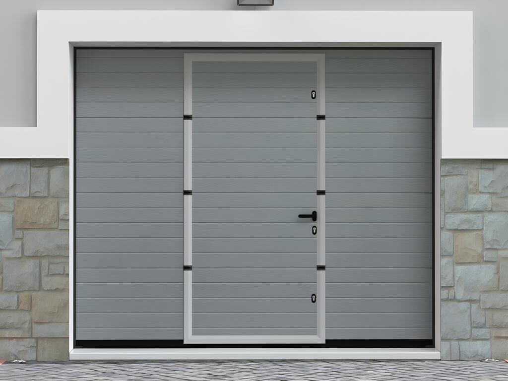 Unique Puerta de garaje seccional efecto ranurado portón central gris motorizada - NORIA