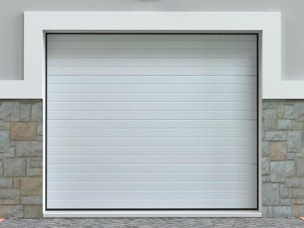 Unique Puerta de garaje seccional efecto ranurado blanco motorizada - NORIA