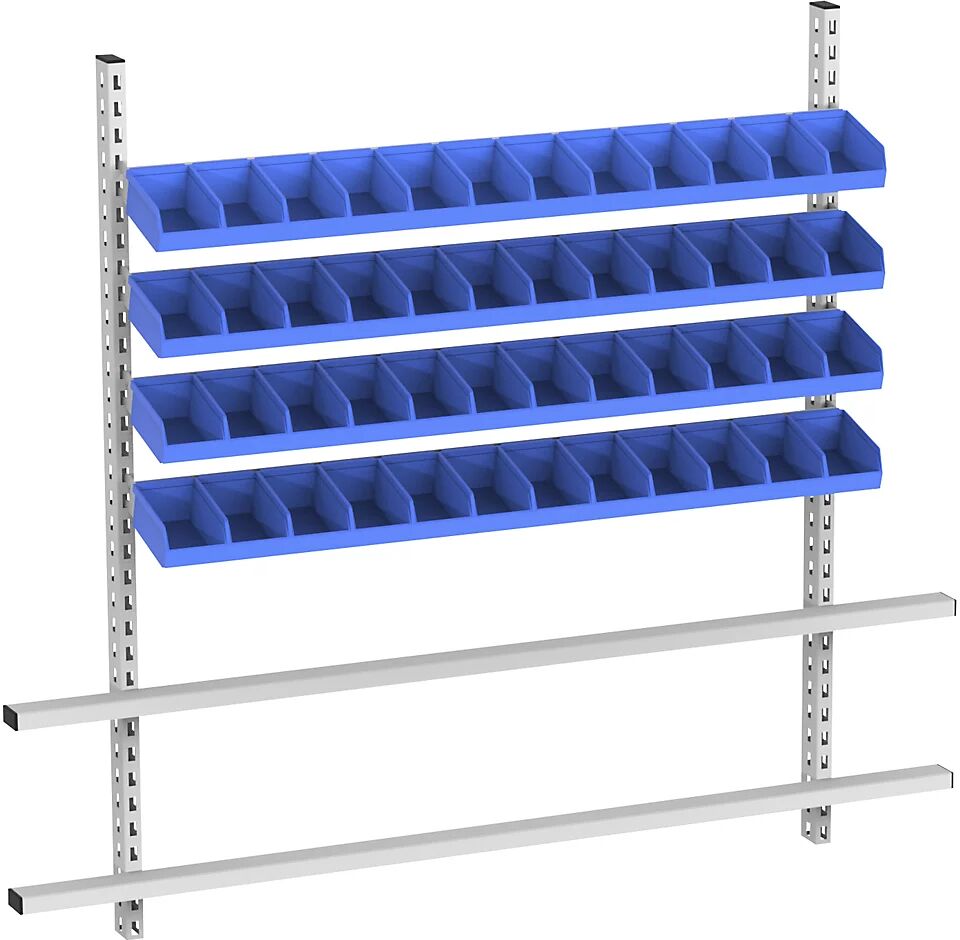 kaiserkraft Superestructura de mesa con cajas visualizables, anchura 1685 mm, 4 carriles con 48 cajas, cajas azules