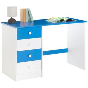 Idimex Bureau ARNE pour enfant ou adulte multi rangements, avec 4 tiroirs, en pin massif lasure blanc et bleu