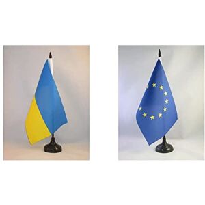 AZ FLAG Drapeau de Table Ukraine 21x14cm Petit Drapeaux DE Bureau ukrainien 14 x 21 cm & Drapeau de Table Europe 21x14cm Petit Drapeaux DE Bureau européen Union Européenne UE 14 x 21 cm - Publicité